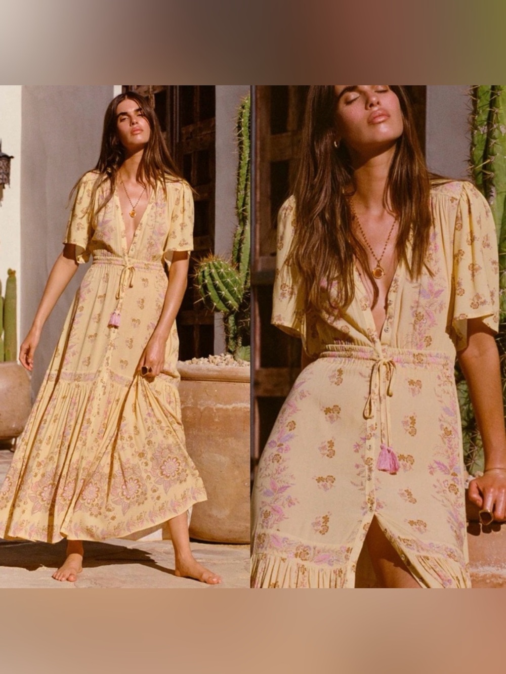 Spell Rebel Spirit Gown Yellow Maxi Dress L Button Front Tassel Tie Worn Once